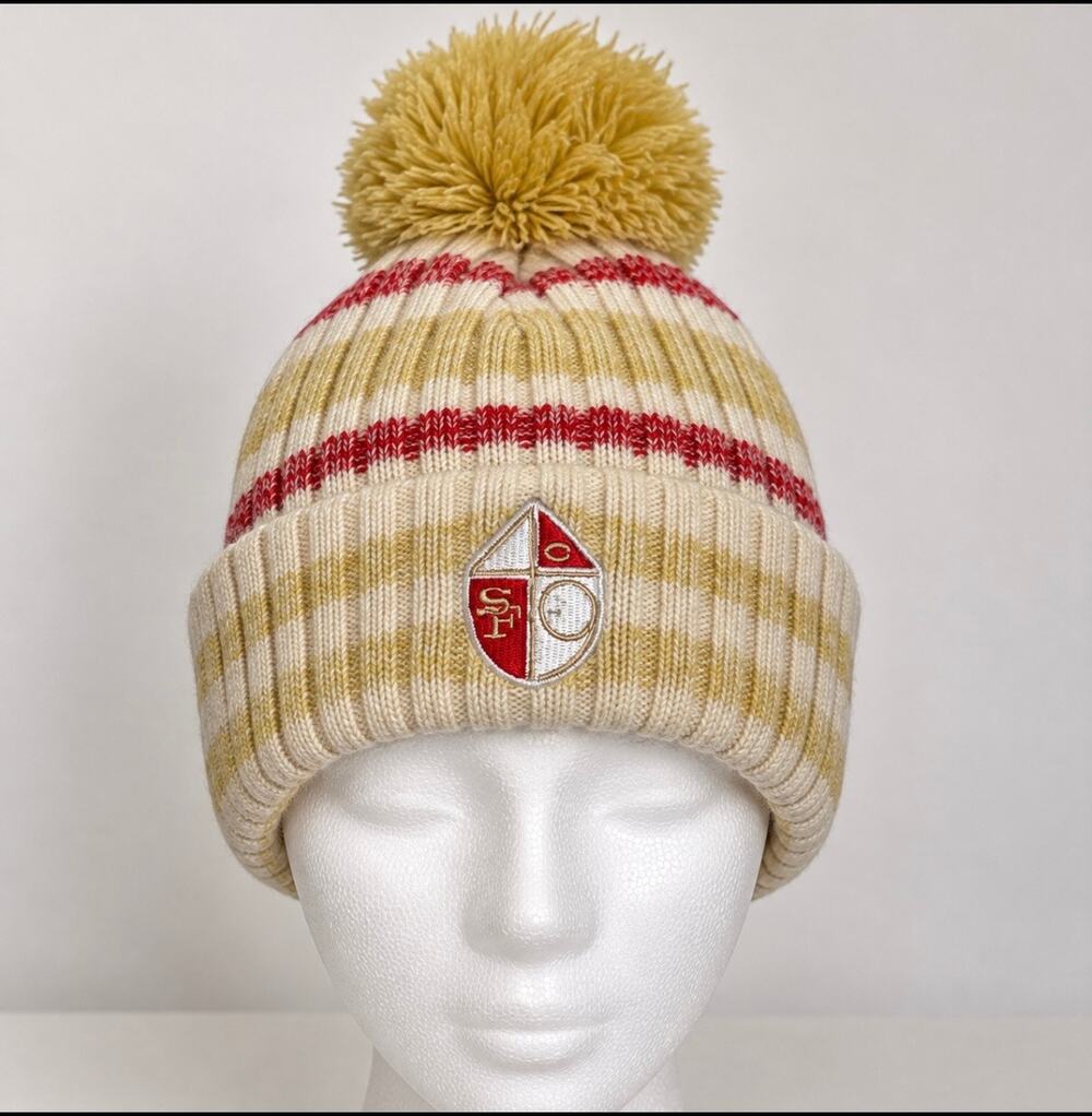 NFL 49ers Beanie Cream Gold Red SF Logo Pom Pom Knit Hat One Size